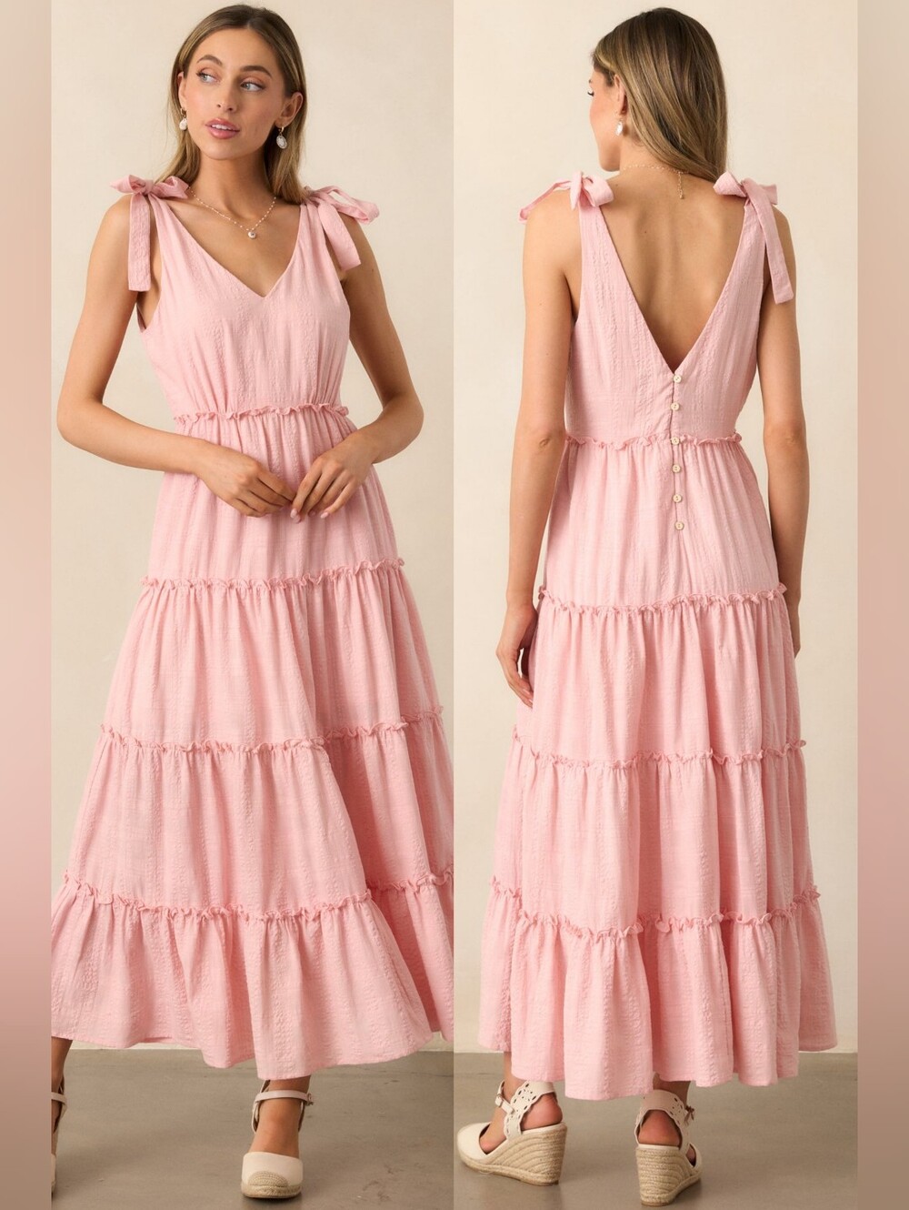 ILLA ILLA Half‎ Past Sunset V-neck Cotton Bows Tiered Maxi Dress Pink Size Small